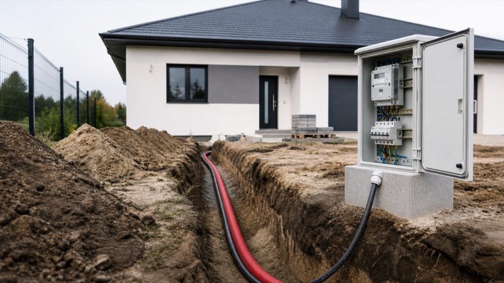 Przyłącze elektryczne z licznikiem i zabezpieczeniami dla domu jednorodzinnego